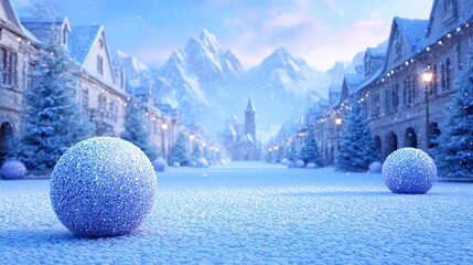Snowy winter landscape with glitter snow ball and frosty village scene, snowy winter background design for Christmas holiday cards, snowy winter landscape artwork for festive season inspiration