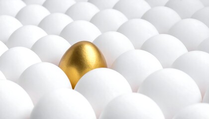 A close-up shot of a golden egg amidst a sea of white eggs, arranged in a grid-like pattern, creating a striking contrast