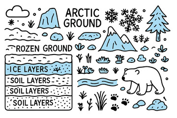 Naklejka premium Arctic Frozen Landscape. Arctic Ground. Hand-drawn doodle illustration arctic ground frozen ground (accented), snow, ice layers (accented), rocks, tundra