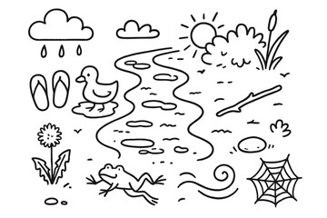 Obraz premium Mud Path Doodle. Mud Path. Hand-drawn doodle illustration mud path rain cloud, sun peek, muddy water, sandals, bush, cattail plant, duck, wooden stick, stone