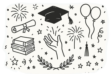 Graduation Celebration Doodles. Graduation celebration. Hand-drawn doodle illustration celebrating a graduation with a cap toss cap silhouette, diploma rolled,