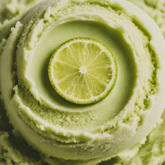Lime Sherbet Ice Cream Macro Texture with Scoop Ridges in Circular Swirl, Photorealistic Food Background