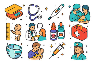 Health Checkup Illustrations. Health checkups. Colorful isometric vector icons set of health checkups: baby scale, stethoscope, thermometer, vaccination,