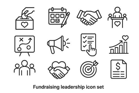 Fundraising Icon Set. Fundraising leadership. Line icon set of Fundraising leadership: donation box, event planning, sponsor handshake, campaign, strategy