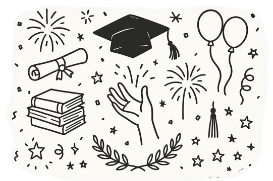 Graduation Celebration Doodles. Graduation celebration. Hand-drawn doodle illustration celebrating a graduation with a cap toss cap silhouette, diploma rolled,