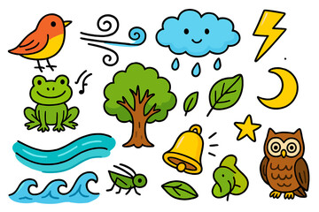 Nature Sound Doodles. Nature Sounds. Colorful Hand-drawn doodle Children illustration Bird, frog, cricket, wind swirl, tree, river, rain cloud, thunder, leaf,