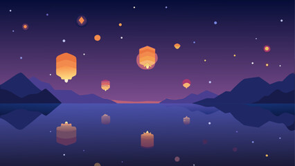 Floating lanterns reflecting on a calm lake under a starry night sky