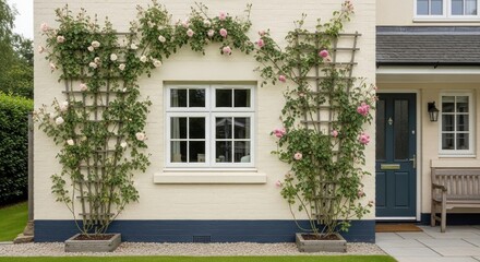 Elegant exterior features a white-framed window adorned with climbing roses on trellises, leading to a blue door. A bench sits beside