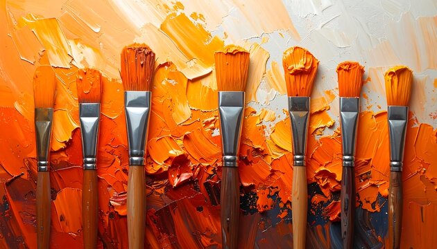 A close-up shows several paintbrushes with orange pigment, arranged atop thick strokes of the same color on a canvas