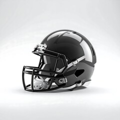 Naklejka premium Isolated studio shot of a glossy black American football helmet, displaying padding, a facemask, and chinstrap, resting on a white seamless backdrop