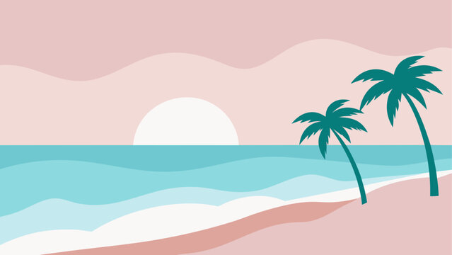 Minimalist tropical sunset beach scene with palm trees