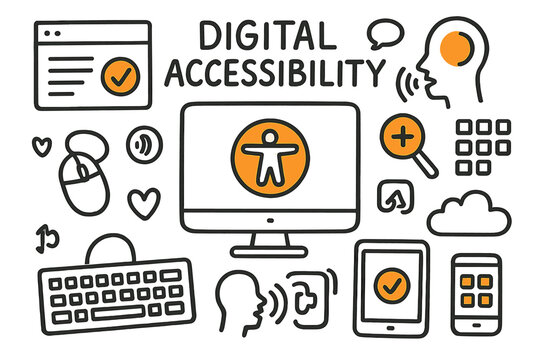 Digital Accessibility Icons. Digital Accessibility. Hand-drawn doodle illustration website with accessibility icon (colored), mouse, keyboard (colored),