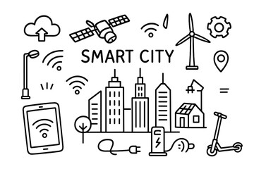 Smart City Doodles. Smart city developments. Hand-drawn doodle illustration smart city developments skyline, smart streetlamp, wifi connection, tablet,