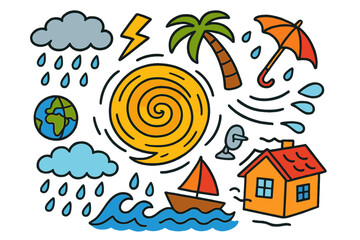 Fototapeta premium Hurricane Doodle Chaos. Hurricane. Colorful Hand-drawn doodle Children illustration Swirling storm, rain cloud, waves, palm tree, umbrella, lightning, house,