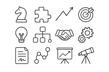 Fototapeta premium Business Strategy Icons. Business strategy. Line icon set of Business strategy: chess knight, puzzle piece, upward arrow, target, light bulb, flowchart,