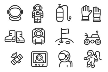 Fototapeta premium Astronaut Icon Set. Astronauts. Line icon set of Astronauts: space helmet, space suit, oxygen tank, gloves, boots, jetpack, flag on moon, rover, satellite,
