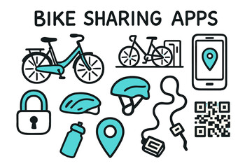 Fototapeta premium Bike Sharing Doodles. Bike Sharing Apps. Hand-drawn doodle illustration bicycle (colored), docking station, smartphone screen (colored), QR code,