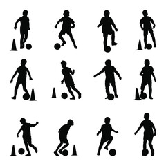 Silhouette kids playing soccer with cones, illustrating diverse training drills