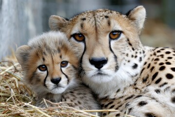 Obraz premium Cheetah mother and cub resting together on straw
