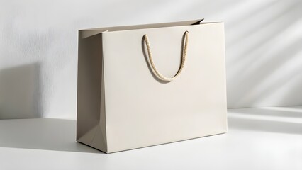 A beige shopping bag with rope handles rests on a white surface with shadow patterns on the wall behind it.