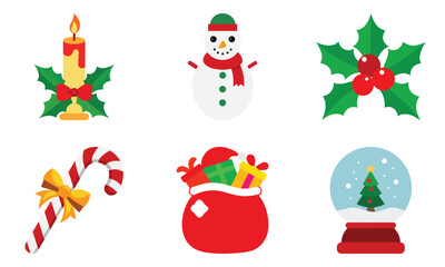 Christmas Elements Collection with Gift Box, Candy Cane, Santa Hat, Star, and Holiday Decorations on White Background