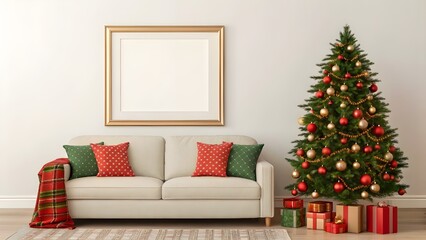 Christmas interior living room with a sofa, decorated tree, and a blank gold picture frame on the wall for a poster Mockup display