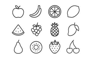 Fruit Icon Collection. Fruits. Line icon set of Fruits: apple, banana, orange, lemon, watermelon slice, grapes, pineapple, mango, pear, kiwi, strawberry,