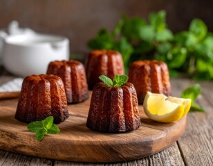 Close-up of five fluted, brown pastries with mint and lemon