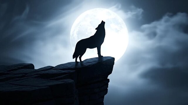 Wolf Howling at Full Moon on Rocky Cliff Edge Night Scene