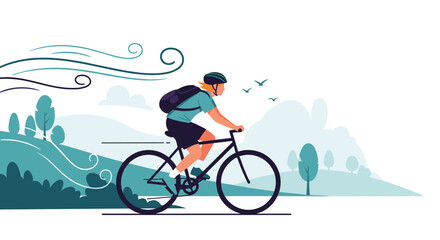 Fototapeta premium A person riding a bicycle through a scenic landscape with trees and wind.
