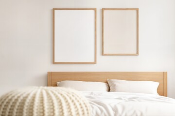 Nordic Bedroom Decor Featuring A Minimalist Aesthetic With Beige And White Accents Including Cushions And Blank Wooden Frames Against A Neutral Wall