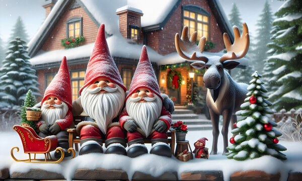 Gnome sitzen auf einer Bank im Schnee vor einem weihnachtlich beleuchteten Haus