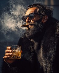Stylish Man Smoking Cigar and Drinking Whiskey