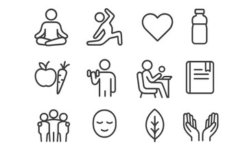 Fototapeta premium Wellness Icon Set. Wellness and support. Line icon set of Wellness and support: meditation, yoga, heart, water bottle, healthy food, exercise, therapist,