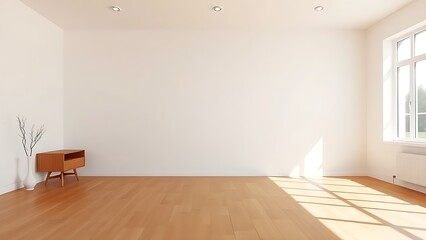 Minimalist living room with clean white walls and warm wood flooring, featuring mid-century modern furniture and soft natural light.