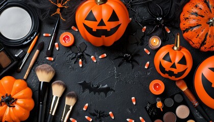 Step by step guide to creative halloween makeup using brushes, palettes, and a mirror