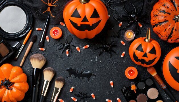 Step by step guide to creative halloween makeup using brushes, palettes, and a mirror