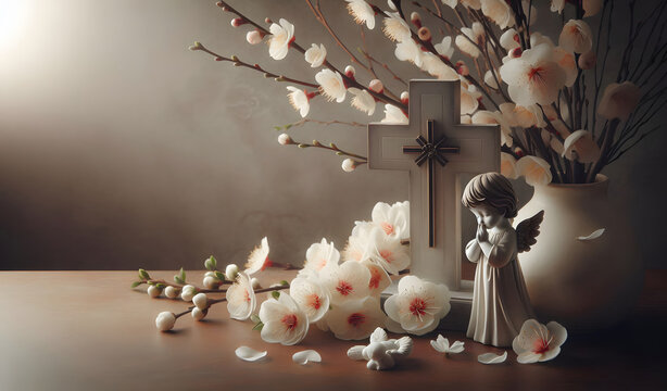 Trauer, ein Engel mit Kirschbl&uuml;ten steht betend auf einem Holztisch, copy space