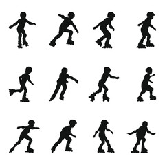 A set of black vector silhouettes capturing various action poses of a young roller skater