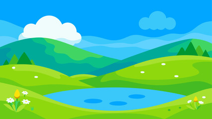Obraz premium Vibrant cartoon landscape with rolling green hills and a blue pond