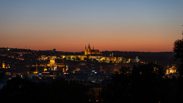 Prague, Czech Republic - 10.17.2025: the City of PRague During Night/Sunset view from Riegrovy Sady