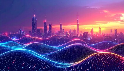 A futuristic cityscape glows against a vibrant sunset. Stylized waves of data flow in the foreground. Illuminated high-rise buildings dominate the skyline