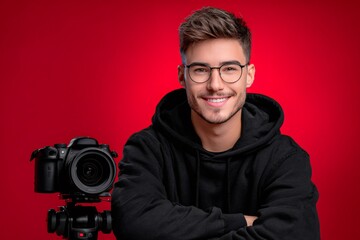 Young male photographer smiling with camera on tripod