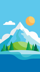 Vibrant flat design landscape with snow capped mountains and a sunny sky