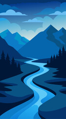 Serene blue mountain landscape with winding river and pine trees