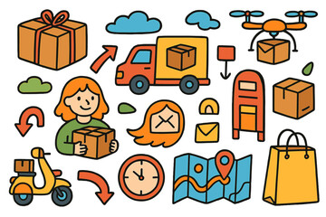 Colorful Delivery Doodles. Delivery. Colorful Hand-drawn doodle Children illustration package, delivery truck, scooter, drone, mailbox, parcel, ribbon,