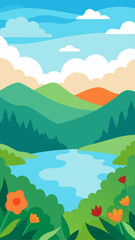 Obraz premium Vibrant landscape with rolling hills lake and flowers