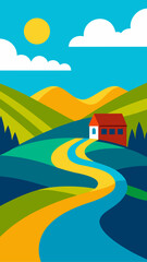 Obraz premium Vibrant countryside landscape with a winding road and red house