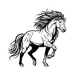 A majestic horse in full gallop, rendered in black and white, showcasing powerful movement.