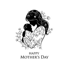Silhouette of a mother cradling her baby, surrounded by floral embellishments, celebrating Mother's Day.